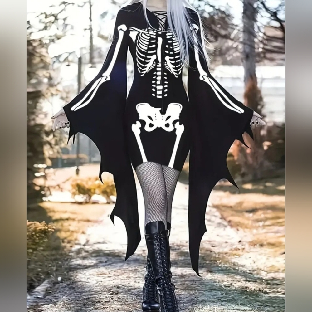Skeleton Print Black Mini Dress